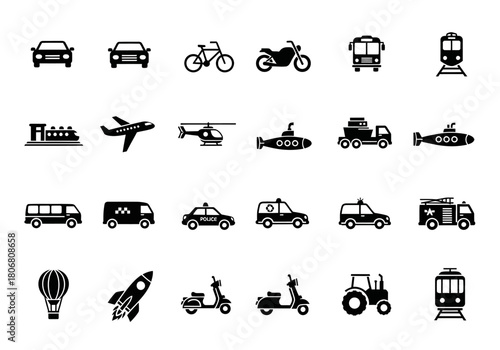 A comprehensive collection of minimalist black transportation icons, featuring a variety of land, air, and sea vehicles for web and graphic design