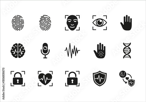 Biometrics icon set for security and identification systems, including fingerprint, face recognition, and voice scan