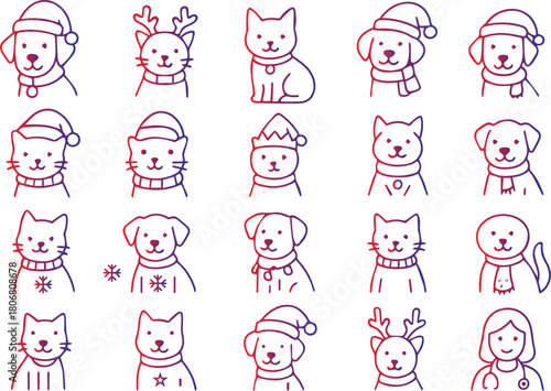 Festive animal portraits with winter hats and reindeer antlers, featuring cats and dogs in holiday attire isolated on white background