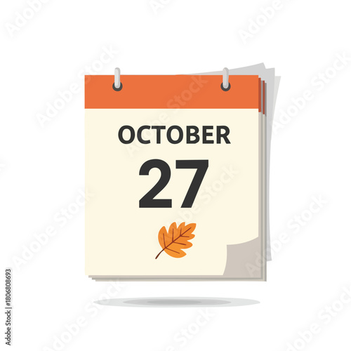 Calendar showcasing the twenty-seventh of October, adorned with an autumn leaf, symbolising seasonal events and reminders in the month
