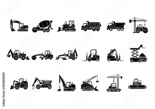 Heavy duty construction vehicle and machinery icon collection. Vector silhouettes of excavator, truck, crane, and bulldozer for industrial design