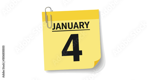Isolated yellow calendar page revealing the fourth day of January fixed with a silver paperclip, emphasizing an event reminder  or new beginnings