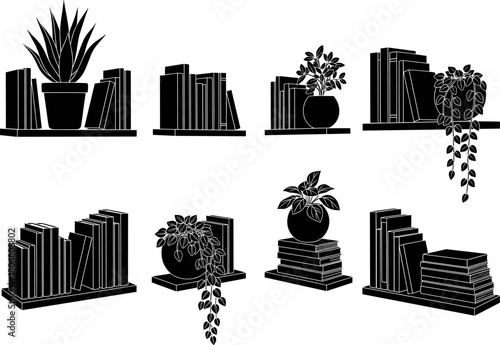 Vector illustration of bookshelves with potted plants and stacked books, minimalist home decor elements, modern interior decoration collection for cozy reading spaces