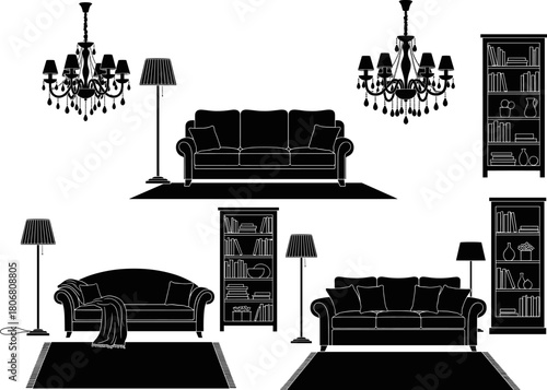 Vector illustration of classic living room furniture arrangement with sofas, chandeliers, floor lamps, bookshelves, decorative rugs, and elegant interior decor elements for home design