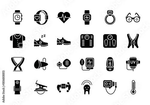 A collection of wearable technology and health tracker glyph icons. Minimalist smart device symbols for fitness and sport monitoring