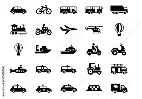 A diverse set of solid black glyph icons representing land, air, and sea transportation modes for graphic design projects. min (170)