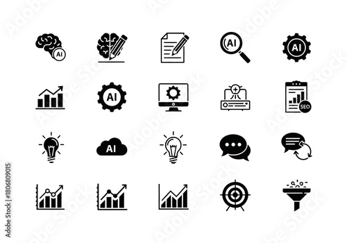 Set of minimalist icons representing artificial intelligence, data analytics, business strategy, and technological innovation for modern design projects