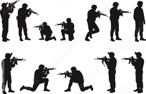 Silhouette military soldiers in diverse tactical combat positions holding rifles, standing, kneeling, and aiming, detailed vector illustration for defense, 