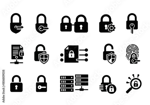 A set of solid black glyph icons representing cybersecurity, data protection, and digital privacy concepts