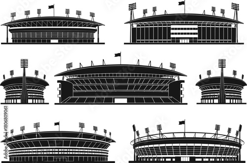 Set of modern sports stadium vector illustrations with detailed architecture, arena silhouettes, floodlights, exterior designs, and professional high-quality graphics for commercial creative projects
