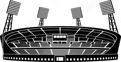 Modern outdoor sports stadium vector illustration featuring bright floodlights, detailed seating arena, spacious architecture, competitive event atmosphere, 