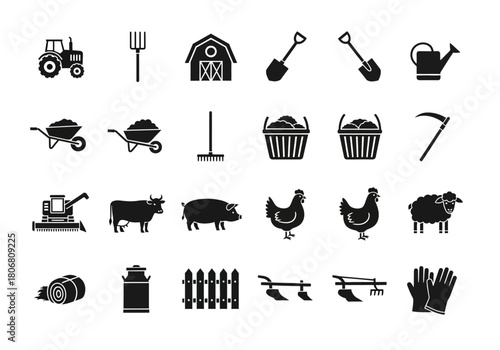 A collection of black silhouette icons representing agriculture, farming tools, livestock animals, and farm equipment in a minimalist vector style