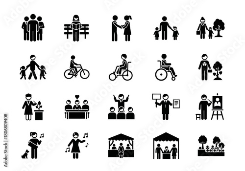 A comprehensive set of glyph icons illustrating diverse community life, social interactions, public park activities, and inclusion