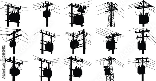 Vector Silhouette Collection of Utility Poles, Electrical Transformers and Transmission Towers for High Voltage Power Distribution Networks