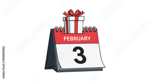 Illustrated February 3rd calendar with a gift box signifies a special date illustration