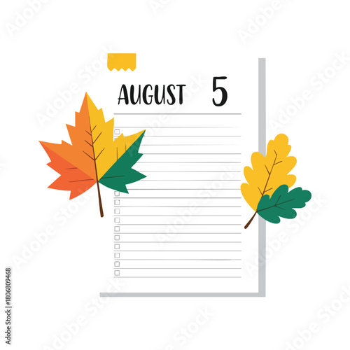 Illustrated calendar page showcasing August 5th adorned with vibrant autumnal foliage and creative date marking