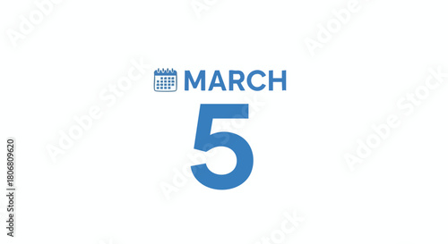 Minimalist March 5th Calendar Illustration in Blue Hues Indicating Date Specificity, Time Management and Schedule Conceptualization in Visual