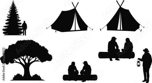 Camping silhouette collection with tents, trees and people relaxing outdoors, nature adventure illustration set for travel, hiking, wilderness and outdoor design themes