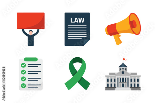 Legislation and reform awareness set, protest placard, law document, megaphone voice, checklist approval, green ribbon, capitol building