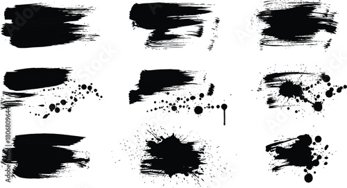 Collection of nine black ink brush strokes isolated on white background for design use
