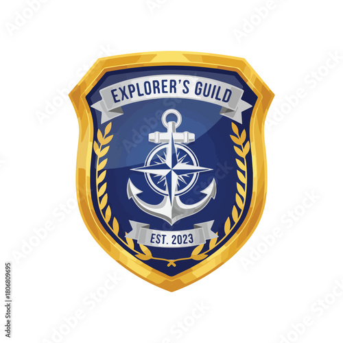 Shield-shaped emblem for "Explorer's Guild" featuring an anchor, compass rose, laurel branches, and "EST. 2023" on a blue and gold background.