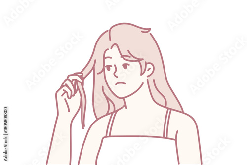 Unhappy young woman distressed with thin breakable hair. Upset girl frustrated with hair loss and breakage having split ends. Haircare and beauty. Vector illustration.