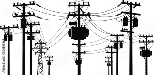 Vector Silhouette Landscape of Electric Utility Poles, Transformers and Overhead Power Lines for High Voltage Energy Distribution Grid Background