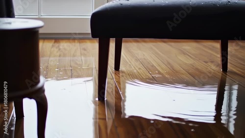 Water damage on wooden floor.  A dark upholstered stool and a small, dark-colored table stand in a room with a flooded wooden floor