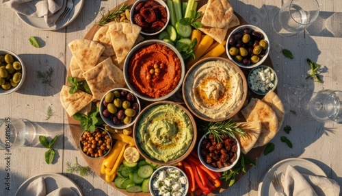 Wallpaper Mural Colorful Mediterranean mezze platter with dips and vegetables celebrates culinary tradition, shared meal moments and outdoor gathering Torontodigital.ca