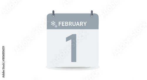 Conceptual illustration depicting the first day of February, a winter date, stylized visual of a gray calendar page indicating the start of the