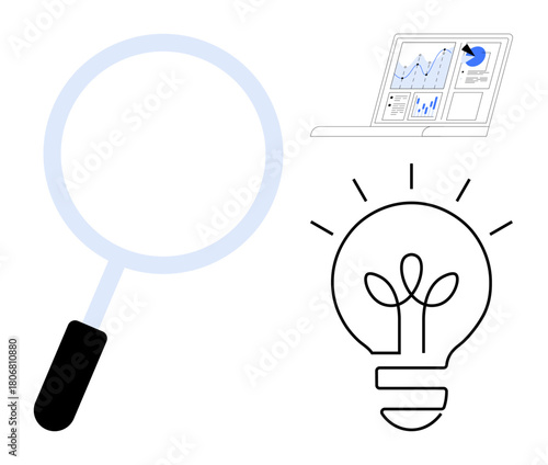 Magnifying glass examining ideas, light bulb symbolizing innovation, and a laptop illustrating data analytics. Ideal for research, discovery, creativity, innovation, strategy, problem-solving