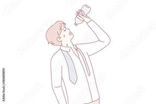 Thirsty man suffer from hot weather drinking last drops of water. Unwell male struggle with heatstroke outdoors. Vector illustration.