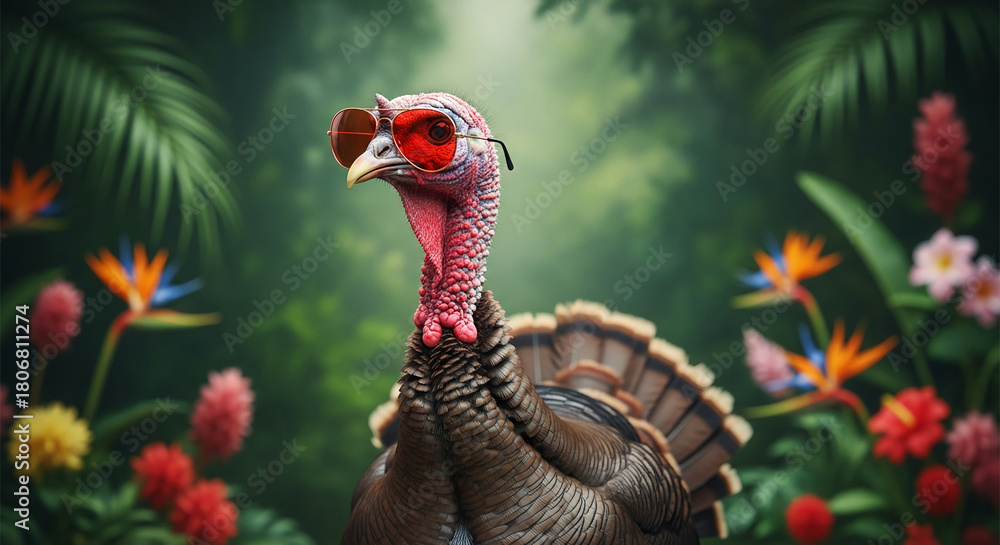 Fototapeta premium Close-up of a turkey with red glasses against tropical foliage. Symbolizes vacation, relaxation, or unusual combination of animal and attire