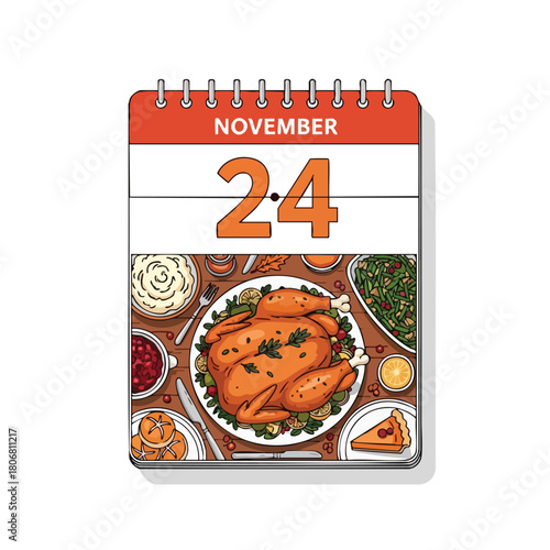November Thanksgiving Celebration: Festive Calendar Displaying Traditional Dinner Feast and Date Designation 150 characters exactely