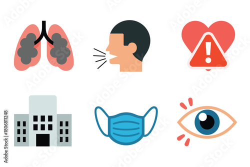 Air pollution health effects icons, irritated lungs, coughing person, cardiac risk symbol, buildings, protective face mask, watery eye