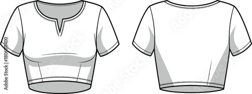 Cropped top fashion sketch, technical garment drawing, V-notch neckline, fitted bust contour, sewing pattern, apparel design, vector template