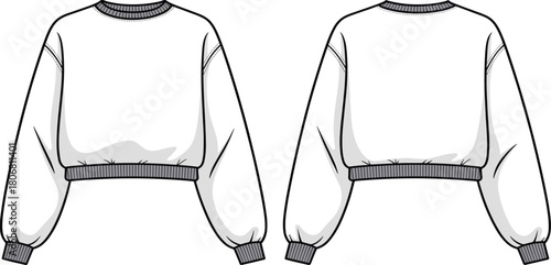 Cropped sweatshirt technical sketch, fashion flat drawing, garment construction template, apparel design outline, sewing pattern, front and back view