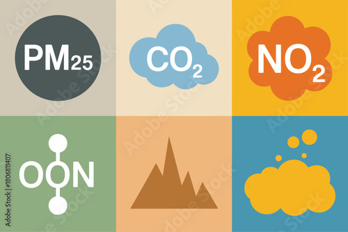 Air pollutants symbols grid, PM25 dust, carbon dioxide, nitrogen dioxide, ozone smog, mountain inversion, factory smoke cloud