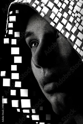 Human cyber hooded pixel face pattern evokes themes of artificial intelligence, cybersecurity, virtual identity, and the merging of human presence with futuristic technology
