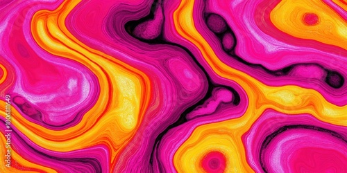 This mesmerizing abstract image features vibrant swirls of pink, yellow, and purple. The fluid patterns create a lively and energetic mood, ideal for artistic and modern projects.