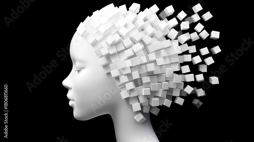 Abstract digital human face formed from geometric elements, representing artificial intelligence, data processing, and modern cyber technology in a futuristic 3D style
