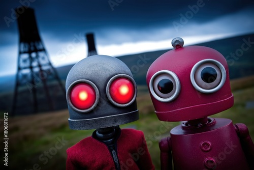 Two stylized robots with large glowing red eyes stand together in a desolate outdoor landscape under a dark, dramatic sky, creating a post-apocalyptic atmosphere with abandoned industrial structures