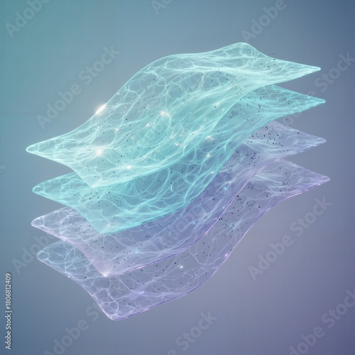 Abstract layered structure of nanomaterials, illustrating stacked ultrathin films or membranes in advanced material science, nanotechnology, or filtration technology.
