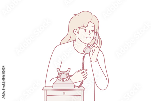 Young woman speak on old corded phone at home. Female have conversation on landline telephone. Communication and call. Vector illustration.