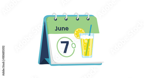 Animated June 7th Calendar with Lemonade, Illustrating Summer Holidays and Special Events for the Seventh Day