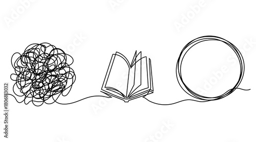 Open book drawn in one continuous line, with chaotic swirling circles emerging from the pages. Symbol of problems, confusion, or messy thoughts transforming through learning.