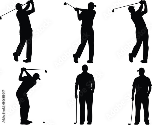 Professional golfer silhouette collection showing various golf swing positions and standing poses, sports action illustration set for training, fitness design themes