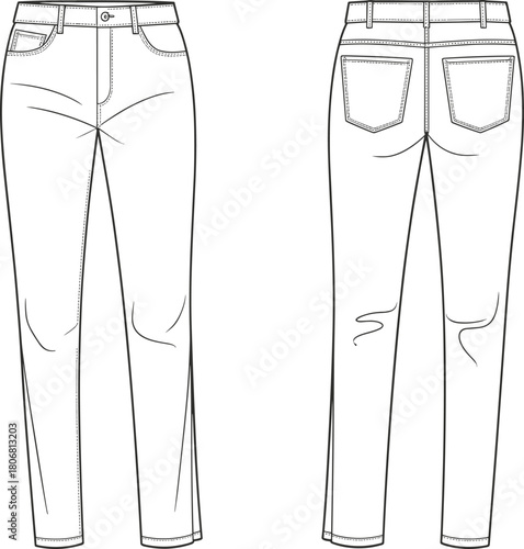 Jeans flat sketch, coin pocket detail, yoke shaping, technical fashion drawing, front and back view, garment template, vector