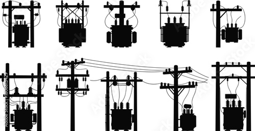 Vector Silhouette of Utility Pole, Transmission Tower and Array of Electrical Transformers on Overhead Power Lines for High Voltage Energy Grid Infrastructure