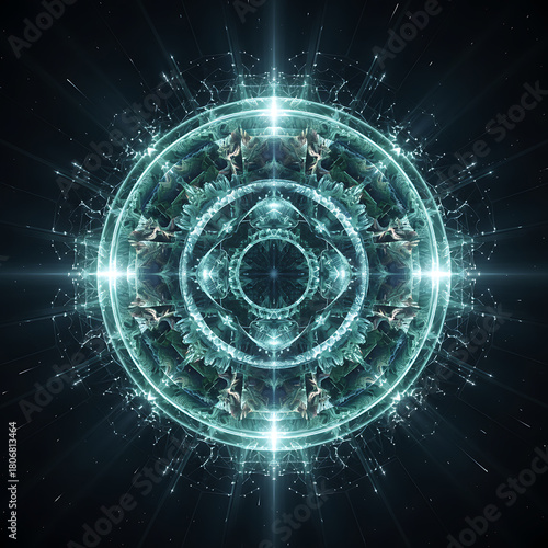 A luminous, symmetrical mandala pattern with concentric circles and rays. A digital abstraction with depth and movement, reminiscent of an energy field or sci-fi artifact.